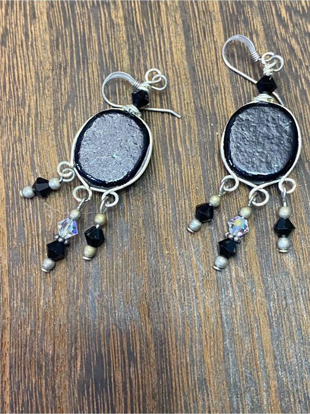 Black Sparkle Cabochon AB Crystal Bead Dangle Earrings with Silver-Tone Accents - Picture 7 of 10